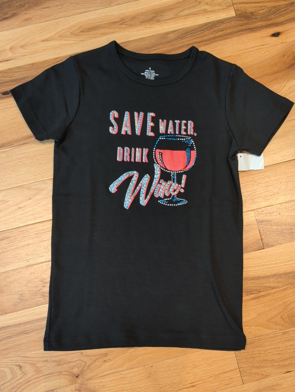 Black Graphic Tee "Save Water Drink Wine"
